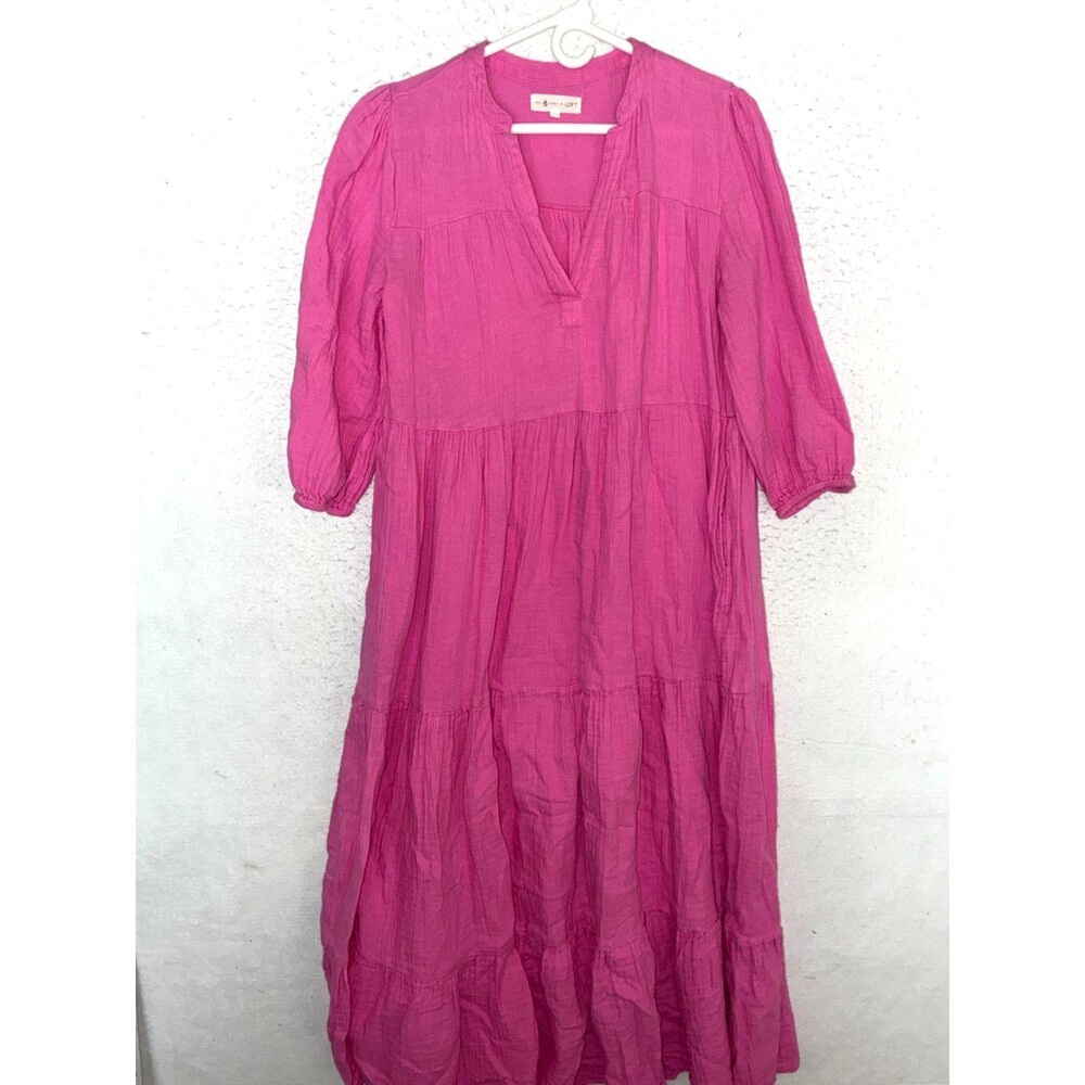 Lou & Grey/ LOFT Women's S Pink Maxi gauze tier dress 3/4 puffed sleeves v neck